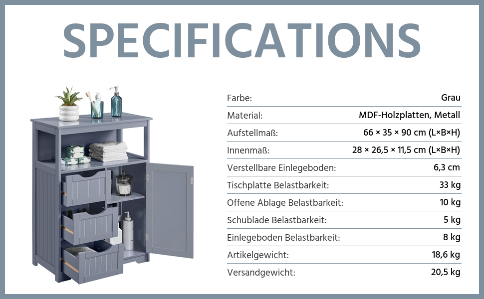 Шафа для ванної кімнати Yaheetech з 3 висувними ящиками та 1 дверцятами, регульовані полиці, 66x35x90 см (Сірий)