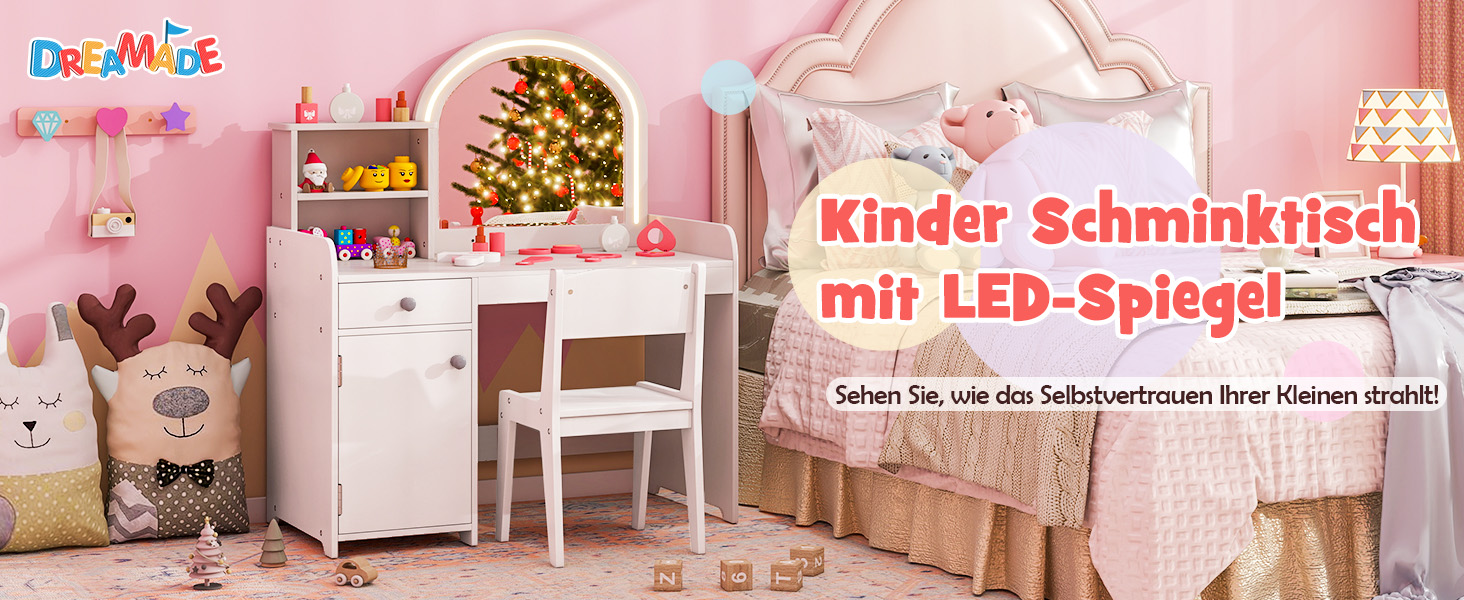 Дзеркальний столик для макіяжу Dreamade 2 в 1 для дівчаток з пуфом та LED-підсвіткою, з ящиком, полицею та шафкою, з дерева (білий)