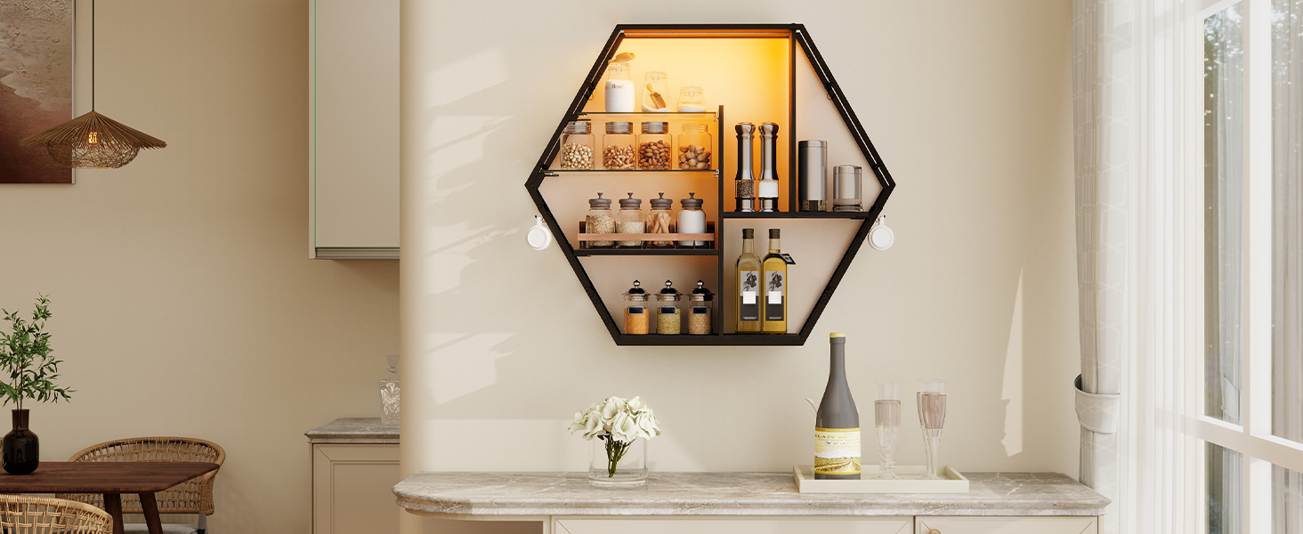 Підвісні полиці YU YUSING з RGB підсвічуванням 7 кольорів, геймерські полиці з 8 гачками, стелажі для демонстрації, настінні вітрини з 2 скляними полицями, підвісні шафи для спальні, кухні, бару, ігрової кімнати, декор, гексагон, карбонове покриття