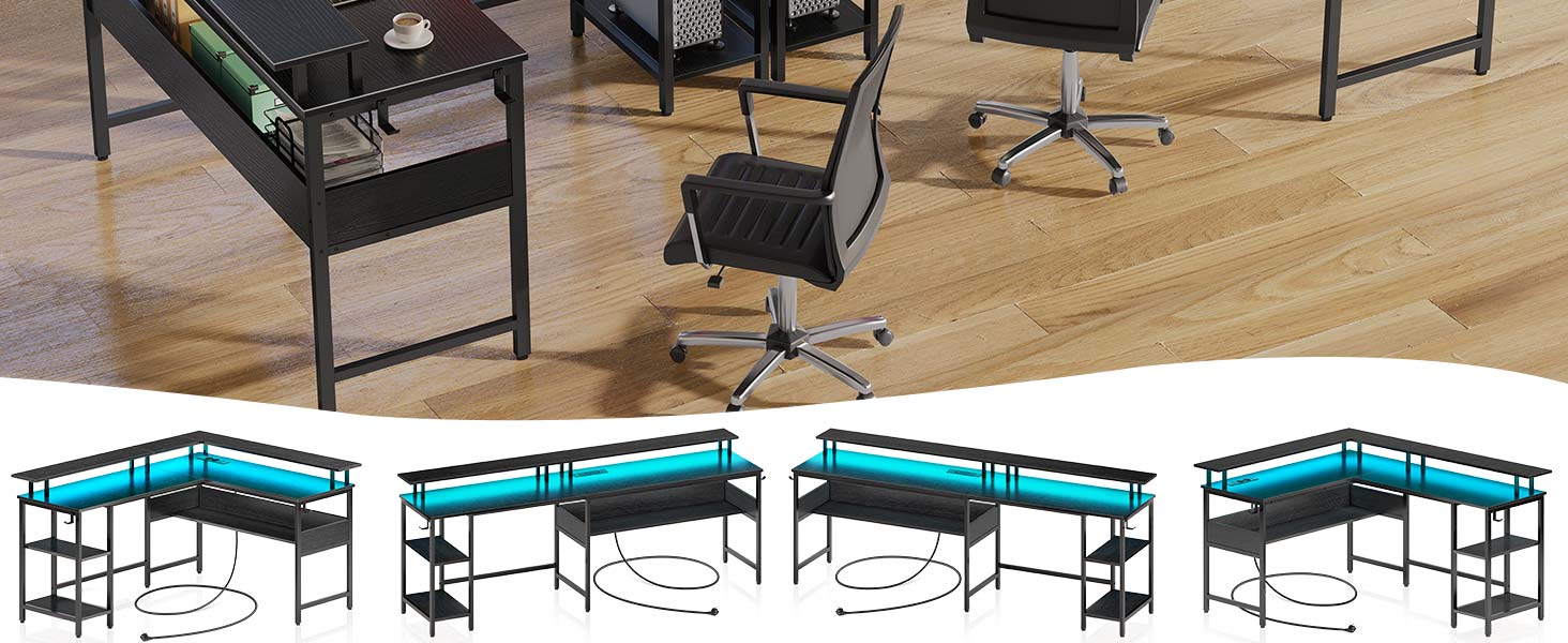 Роланстар Стіл ігровий L-подібний з LED та розеткою, 137 x 108 см, комп'ютерний стіл з підставкою для монітора та місцем для зберігання, реверсивний кутовий стіл для офісу, домашнього офісу (Білий) (Чорний)