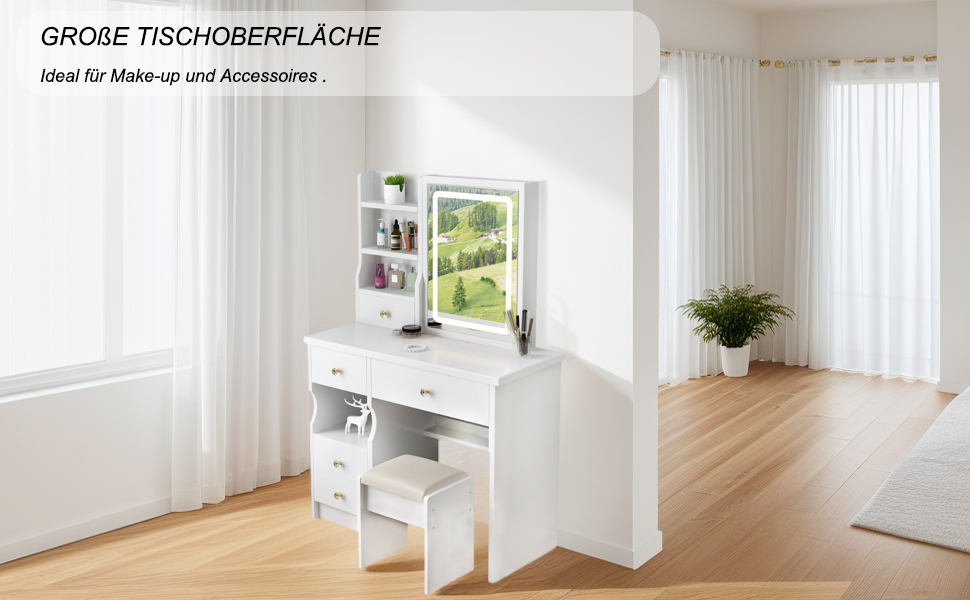 Дзеркальний туалетний столик YuYe з LED-підсвічуванням, регульованою яскравістю, з пуфом, 5 шухлядами та 3 полицями, білий, модель T68