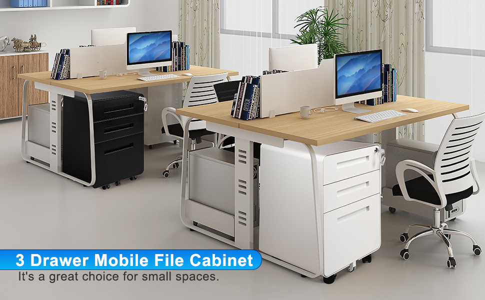 Роликовий контейнер DeHong з металу, мобільний офісний шафчик з 3 висувними ящиками, офісний контейнер, з можливістю замка та регульованих папок, збірно-розбірний, для офісу, дому, чорний