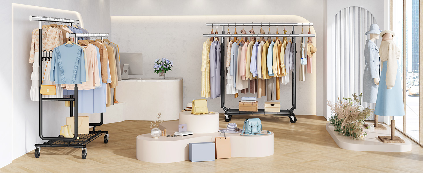 Стійка для одягу на колесах FAVOOOSTY, металева, мобільна, до 200 кг, чорна, 2 стійки