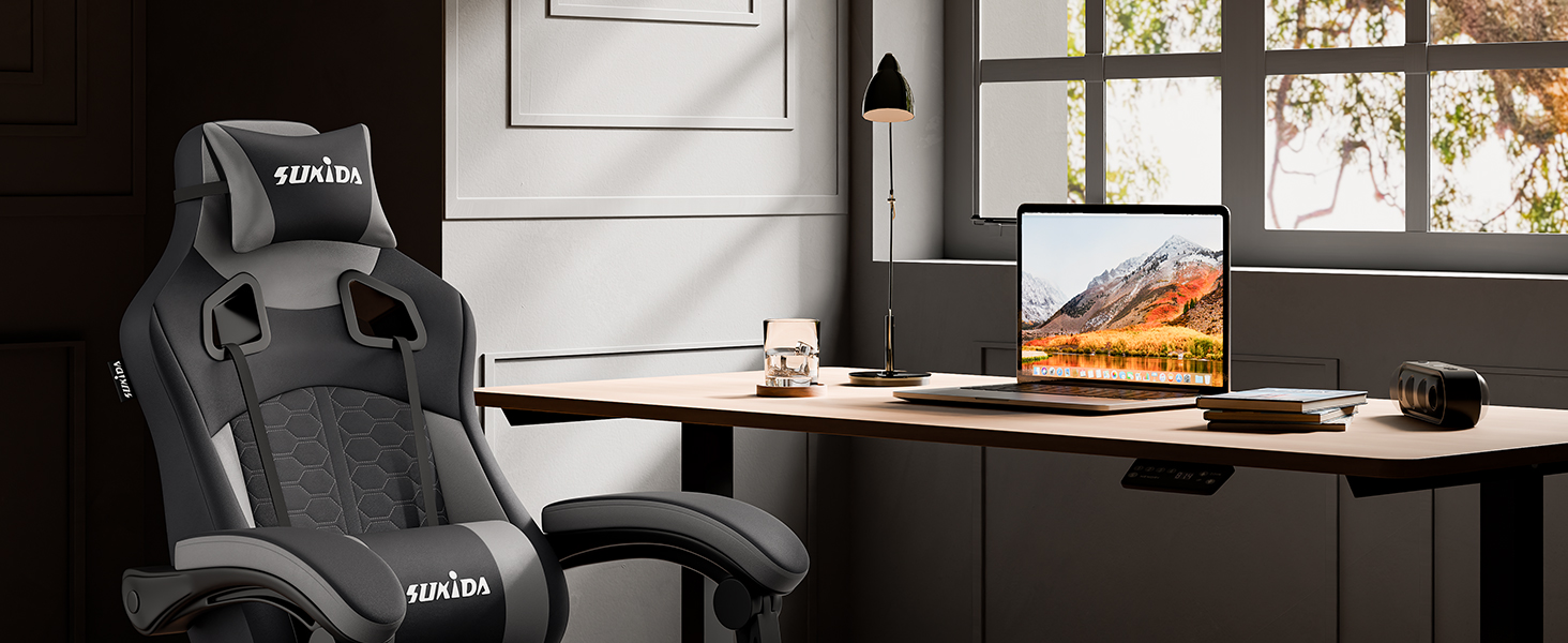 Ігровий крісло SUKIDA з підніжкою, ергономічний, для геймінгу та офісу, сірий