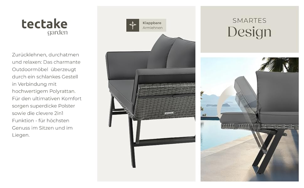 Садовий диван-шезлонг Tectake з ротангу, сірий - вуличні меблі для відпочинку з функцією сну та відкидними підлокітниками