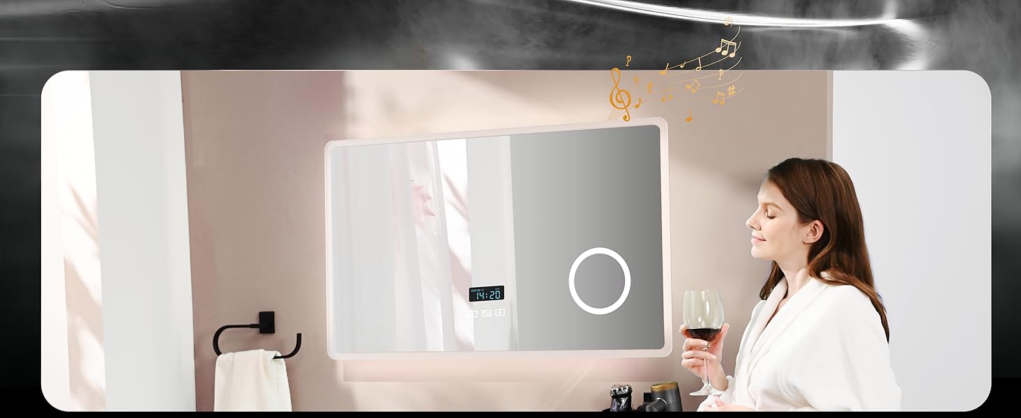 EMKE® LED дзеркало для ванної кімнати 80x60 см з підсвічуванням, регулюванням, антизапарюванням, 3 косметичні дзеркала, годинник, Bluetooth, IP44