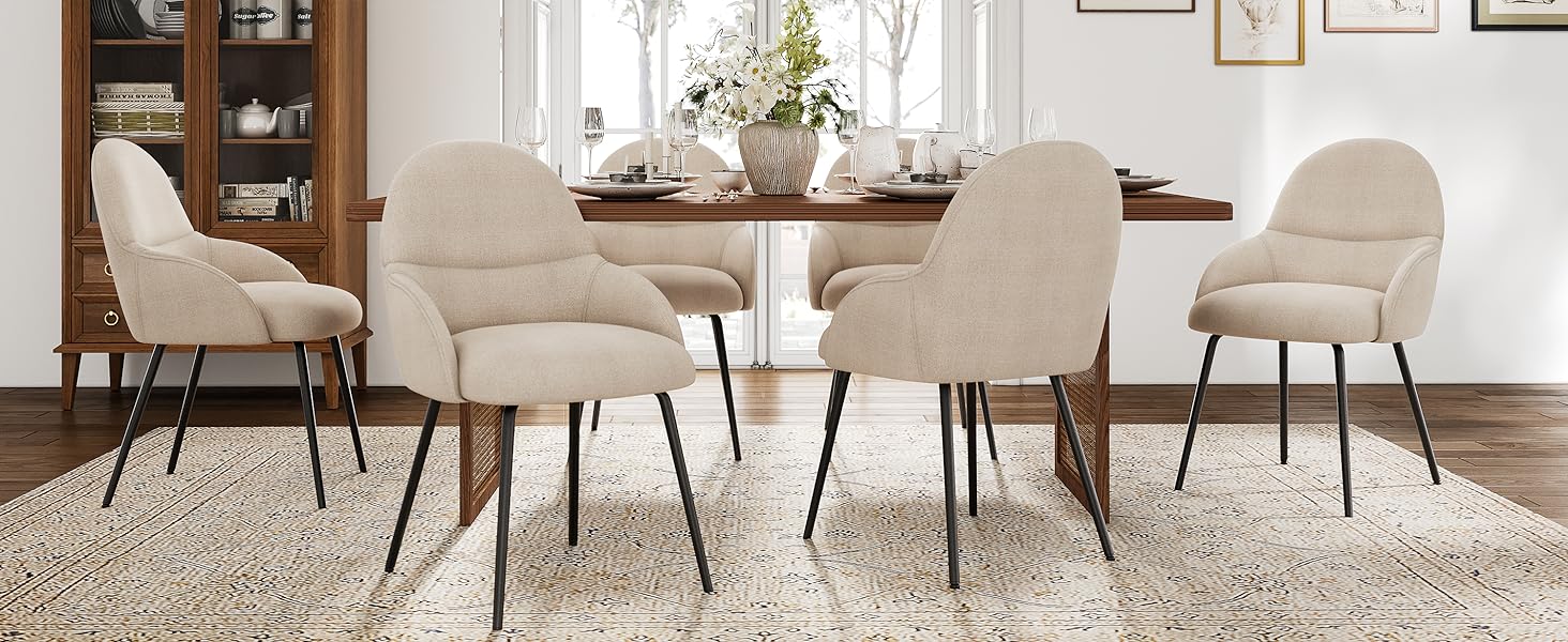 6 стільців для їдальні з підлокітниками – ергономічні оббиті стільці, сучасні кухонні стільці з льоновим покриттям та металевими ніжками, для вітальні, їдальні, кухні, бежевий колір, комплект 6 шт.