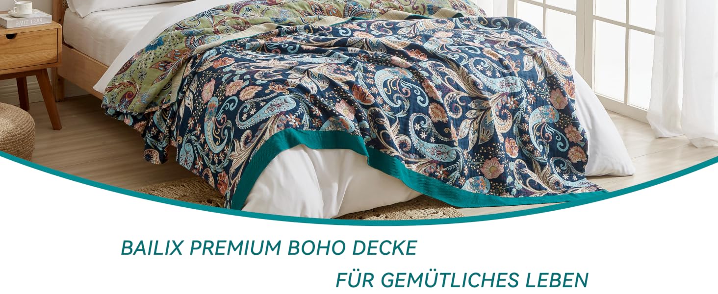 Преміум плед Bailix Boho з 100% бавовни, двостороння муслінова ковдра 200x230 см для дивана та ліжка, декоративна patchwork ковдра в стилі бохо, колір Indigo-traum