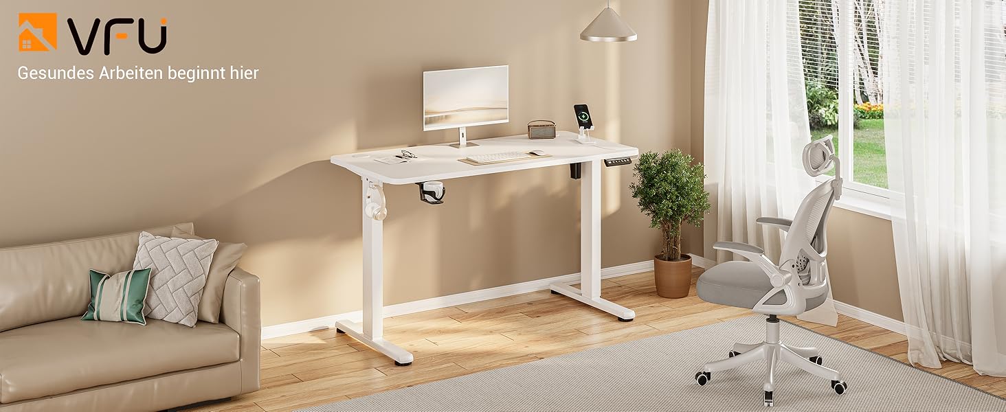 Регульований стіл 120x60 см з USB-C, електричний з пам'яттю, для офісу, стоячий, комп'ютерний, білий Pro