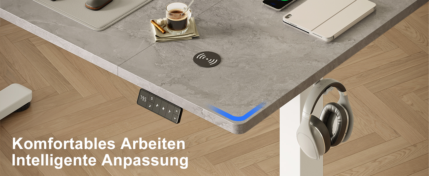 DEVOKO Стол для роботи з регулюванням висоти 140 x 70 см з розеткою, бездротовою зарядкою та USB – Електричний стіл для комп'ютера з функцією пам'яті та кабельною організацією – Ідеально для геймінгу та офісу, сірий 140 x 70 см