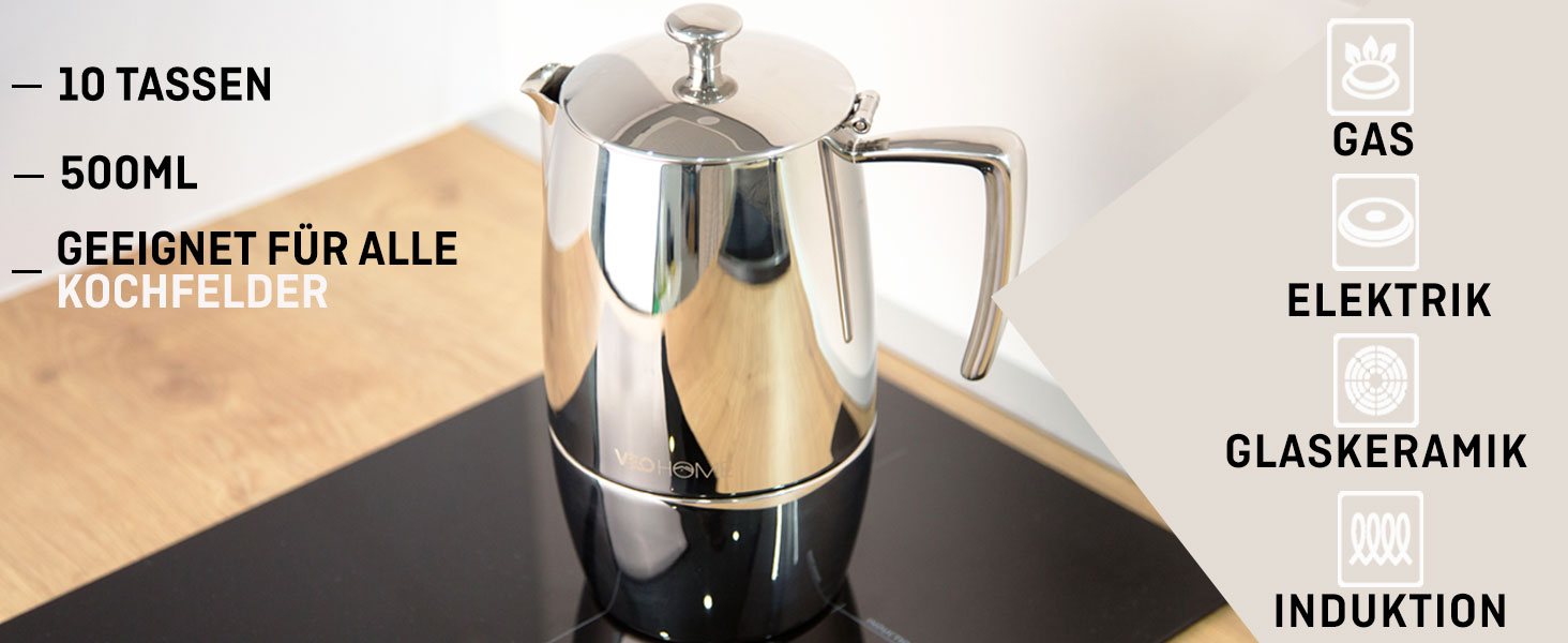 Mokka Pot VeoHome: Кавоварка гейзерна на 10 чашок, 500 мл, нержавіюча сталь, італійська, для Induktion, Gas, Keramik, Elektrik, без алюмінію, з подвійним фільтром