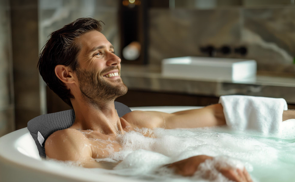 Подушка для ванни з сіткою для прання - Максимальний комфорт та розслаблення з новітньою технологією Air Mesh - Подушка для ванни з 4 міцними присосками - Підтримка шиї/голови (Сірий)