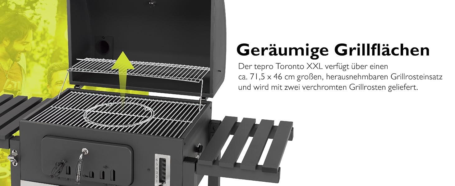 Тіпро Торонто XXL, гриль на вугіллі / гриль-возна, з нержавіючою ручкою, термометром та регульованим рівнем для вугілля, камінний заслін та колова клапана, розміри: 152 x 73 x 137 см