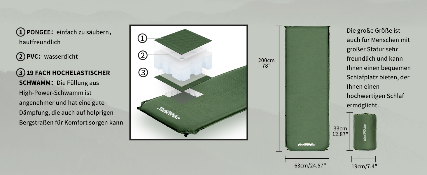Самонадувний спальний килимок Naturehike-міцний похідний матрац товщиною 5 см, який можна з'єднати з декількома легкими спальними килимками для піших прогулянок, наметів,гамаків,походів,сімейного кемпінгу Зелений