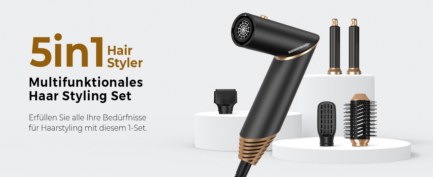 UKLISS Airstyler 5-в-1: Фен-щітка, стайлер для волосся з іонізацією, плойка, насадки для укладання (Чорний/Золотий)
