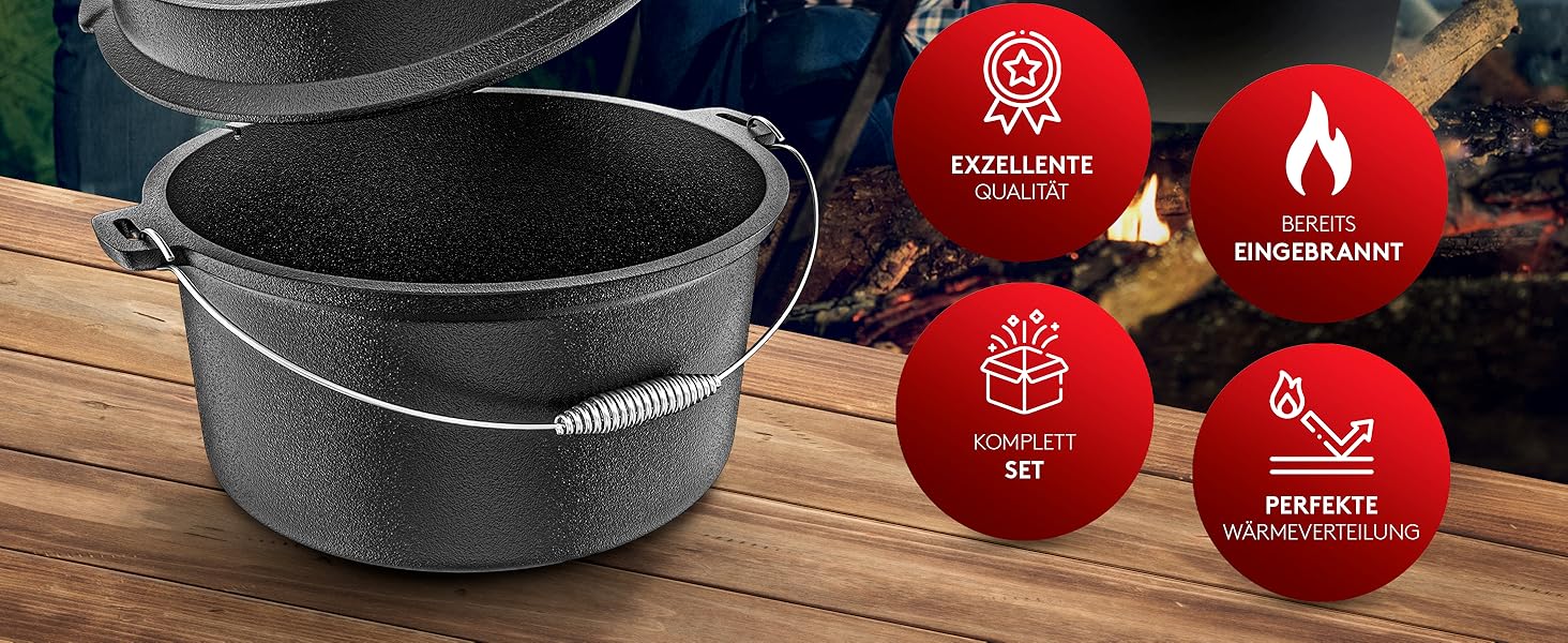 Набір чавунного казана BBQ Dutch Oven [Das Original] 10,8 л з підставкою та кришкою-гриль 2,2 л, піднімачем та електронною книгою рецептів