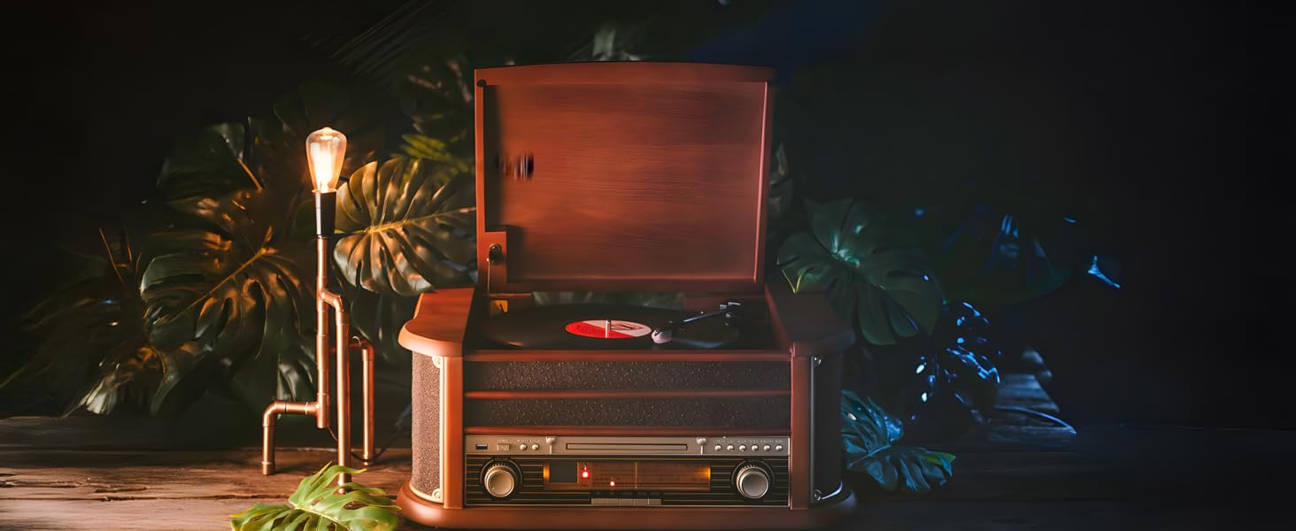 Ретро музичний центр Nostalgie з Bluetooth, касетною декою, CD/MP3/USB програвачем, радіо, програвачем вінілових платівок, AUX IN, записом MP3 та пультом