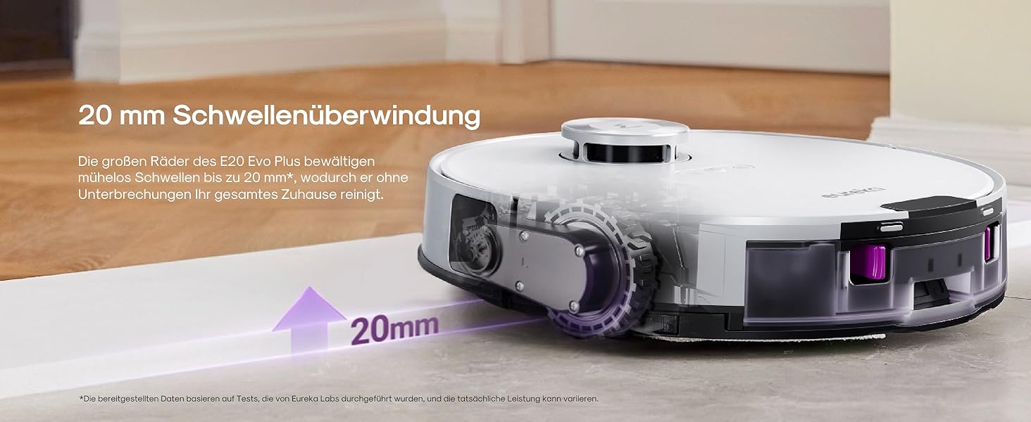 Робот-пилосос Eureka E20 Plus з потужністю 8000 Па, самостійною станцією очищення, функцією запобігання заплутування, 3D уникнення перешкод, 180 хвилин роботи, DuoDetect AI, білий
