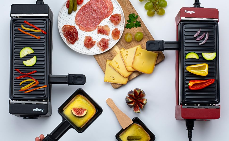 Wëasy Raclette Duo 2-в-1: гриль та фондю, червоний, антипригарне покриття, для 4 осіб, з дерев'яними шпателями та формами для сиру