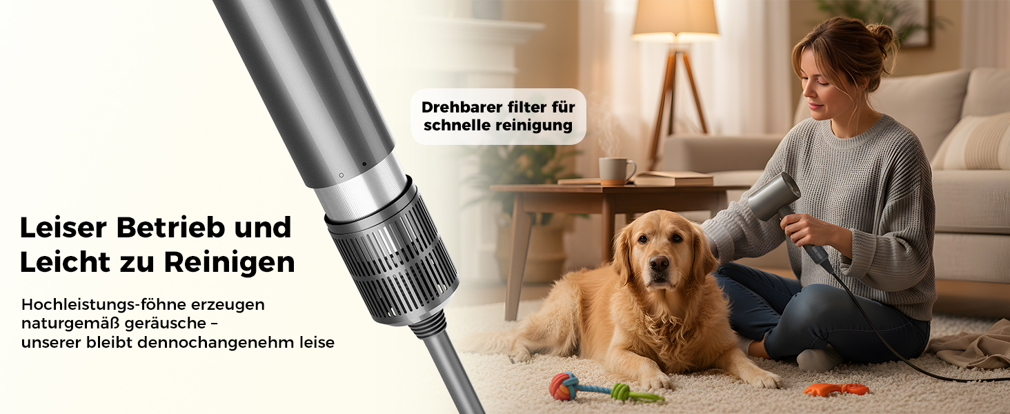 Фен для волосся з дифузором та 5 насадками для стайлінгу, іонізація, безщітковий мотор 1600 Вт, низький рівень шуму, сірий