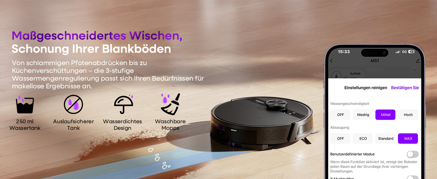 Робот-пилосос MONSGA з функцією миття, 5000Pa, час роботи 180 хв, система захисту від ковтунів, LiDAR навігація, для килимів та шерсті тварин, керування через додаток та пульт (чорний)