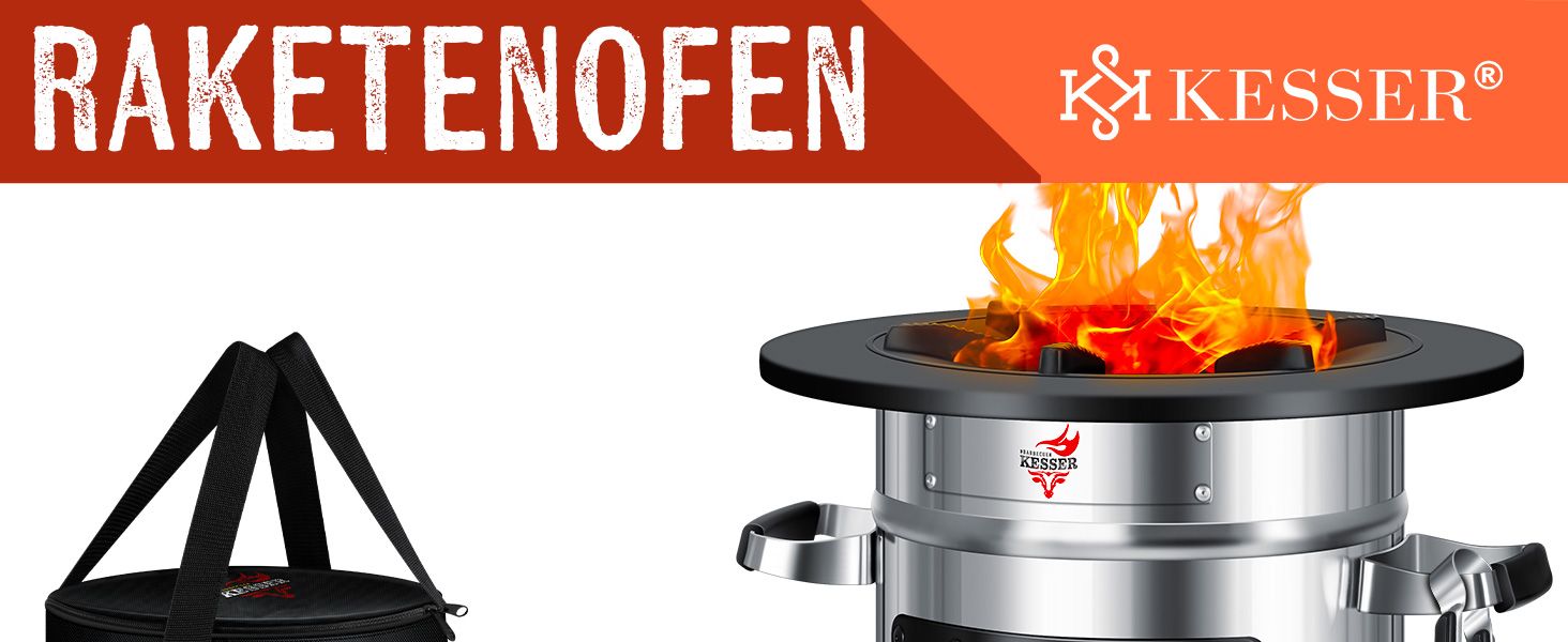 Печь-ракета KESSER® з чавунною сковородою-грилем | з щипцями та сумкою | Dutch Oven з 6 шипами | Дров'яна піч-ракета для BBQ | Кухоль для кемпінгу, відпочинку на природі, грилю | Нержавіюча сталь, чорний/сріблястий