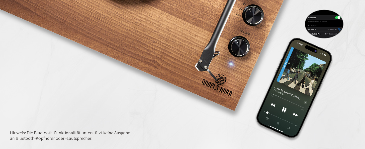Вініловий програвач Angels Horn Vintage з Bluetooth, Hi-Fi, зовнішніми поличними колонками, вбудованим фонокоректором, двошвидкісний (33/45 об/хв), з картриджем AT-3600L, ремінний привід