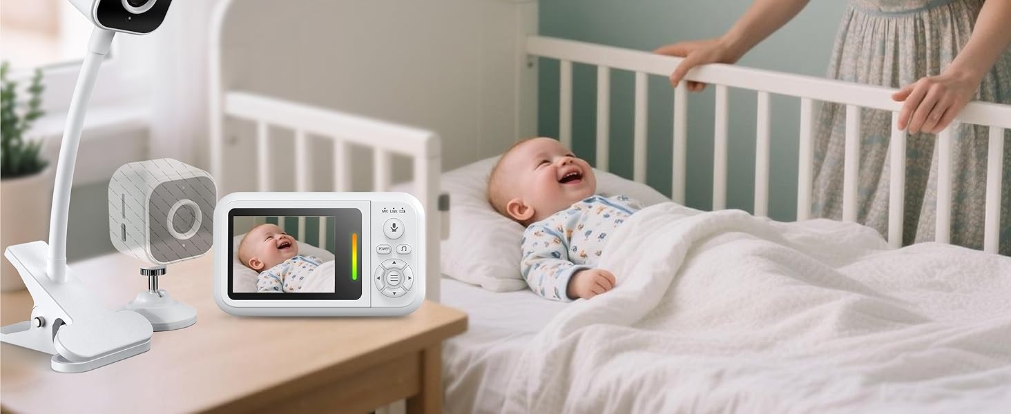 Відеоняня з камерою 1080P без Wi-Fi: монітор, тримач, кліпса для ліжечка, двосторонній звук, датчик температури, виявлення плачу, нічне бачення, 8 колискових, запис фото/відео, SD-карта в комплекті (біла)