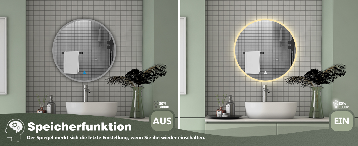 LED дзеркало для ванної кімнати Aica Sanitär, кругле, 50 см, з підсвічуванням (холодне/нейтральне/тепле світло), диммування, функція пам'яті, сенсорне управління, запобігання запотіванню, автоматичне вимкнення