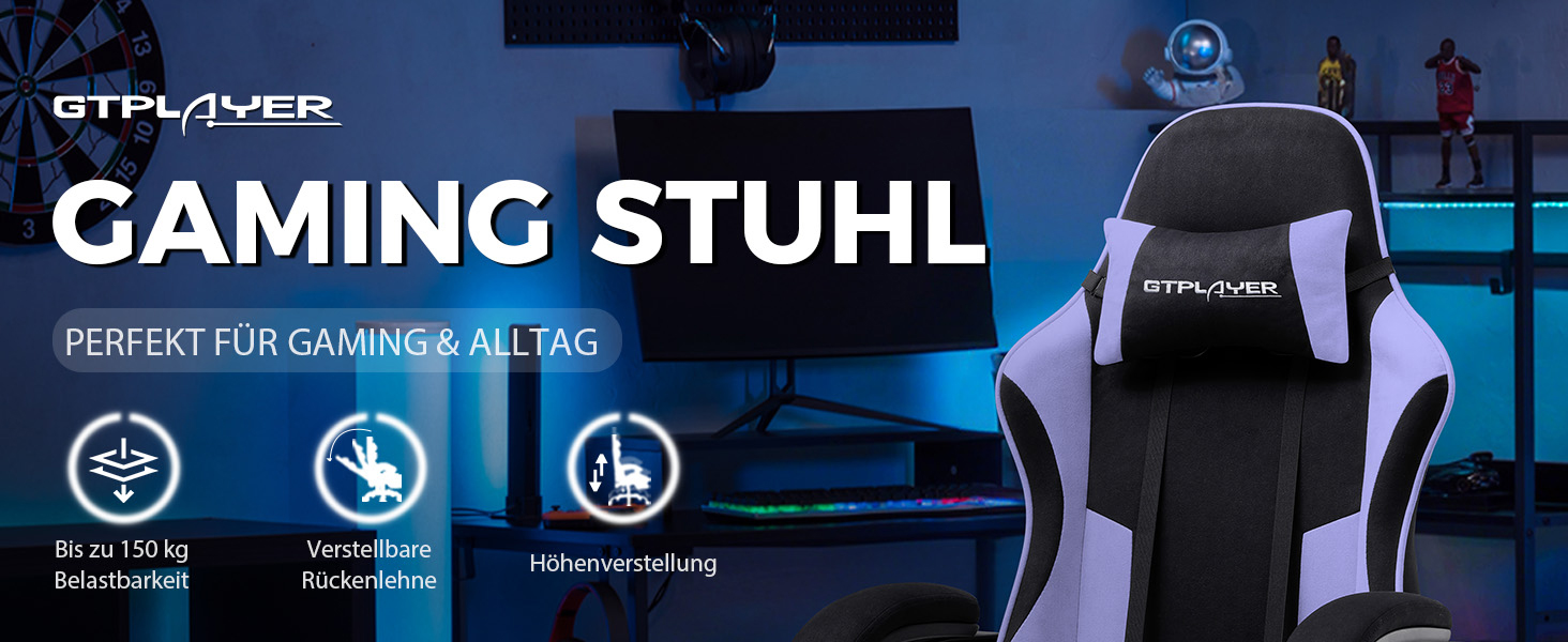 Ігровий крісло GTPLAYER з масажем, ергономічний, з підніжкою та підголівником, білий (фіолетовий, тканина)