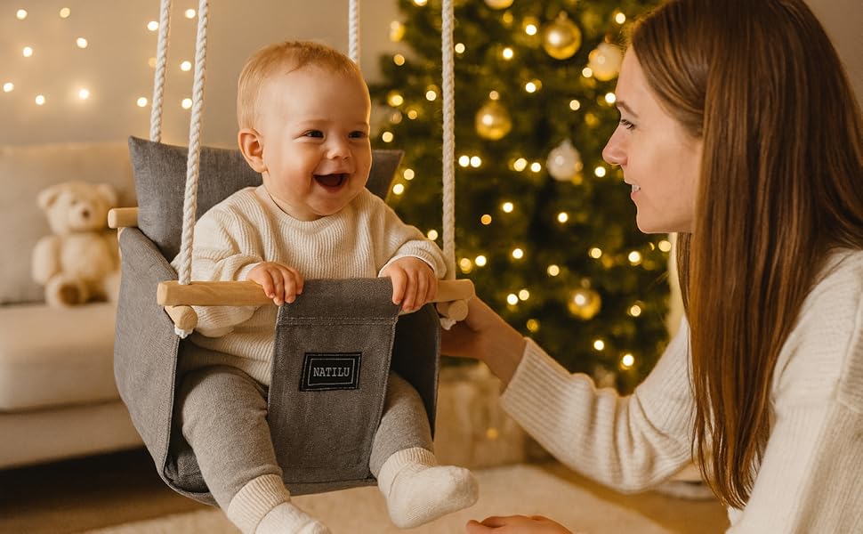 Дерев'яна гойдалка для дітей NATILU® - Indoor/Outdoor | Гойдалка для дому та вулиці | NATILU® Silver