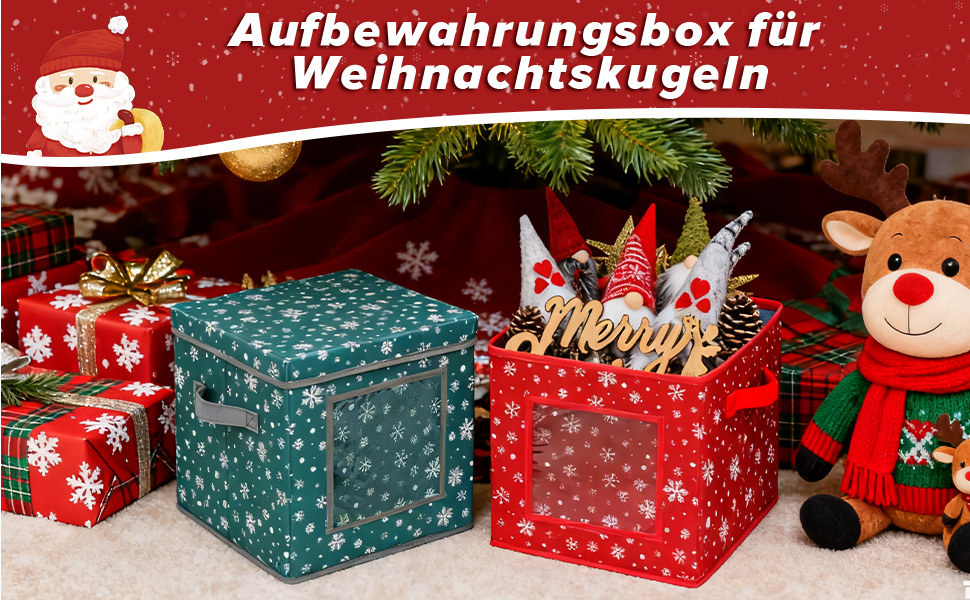Коробка для зберігання новорічних прикрас, 166 відділень, з регульованими перегородками, кришкою та ручками, 31x31x30 см, червона, принт сніжинки, білий фон
