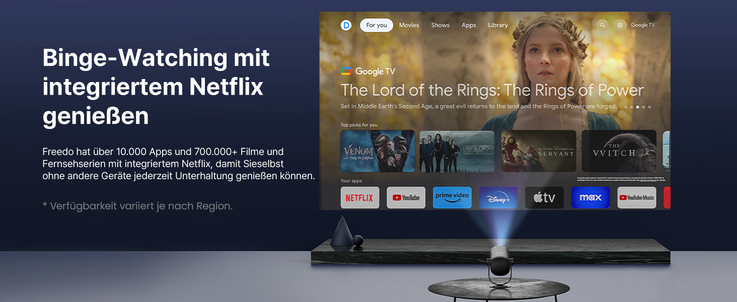 Портативний проєктор Dangbei Freedo з акумулятором, 450 ISO люмен, Google TV & Netflix, Dolby Audio, 1080P, HDR10, 165° нахил, Smart проєктор з WiFi & Bluetooth для дому та відпочинку на природі, 2,5 години роботи, з чохлом