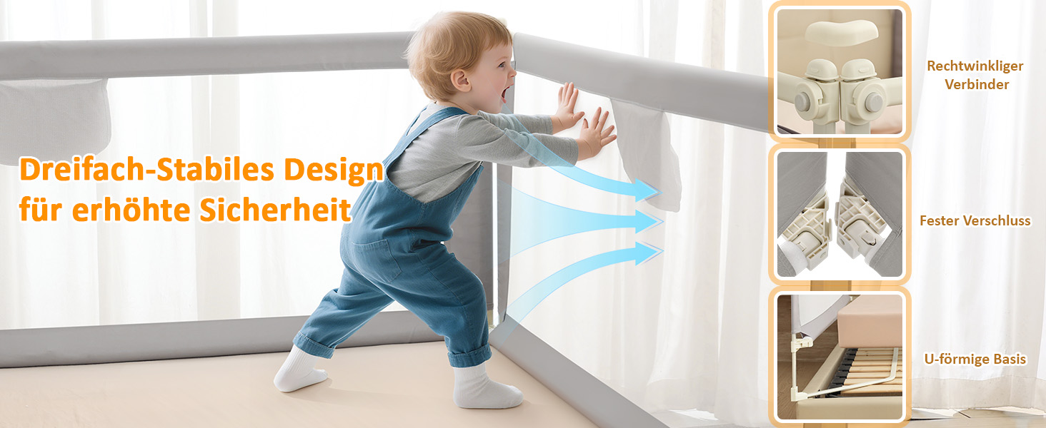 Бортики для ліжка дитячі 3 шт., захисні грати на ліжко для малюків (2x200 см + 1x180 см), сірі, складані