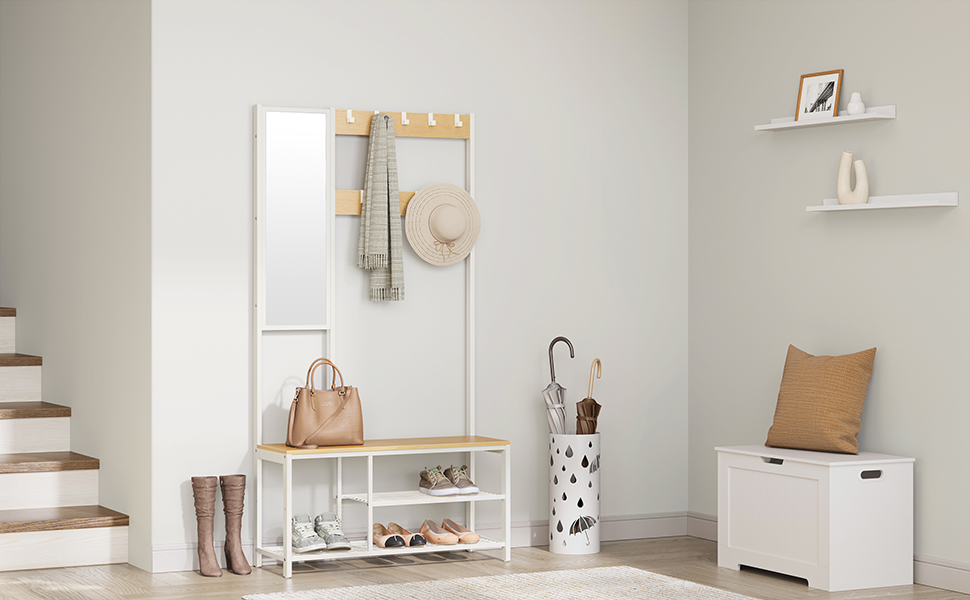 Дзеркало-вішалка VASAGLE HSR415B01 з банкеткою та полицею для взуття, 35 x 98 x 180 см, індустріальний дизайн, вінтажний колір