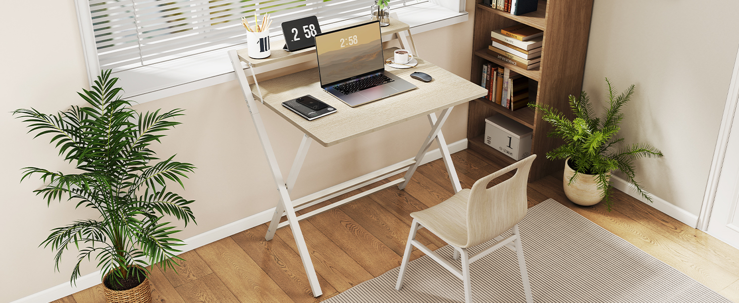 Зкладний стіл Yaheetech 80 см для комп'ютера з полицею, двоярусний робочий стіл з підставкою для монітора, стіл для ноутбука для дому/маленьких кімнат/вітальні, білий/80 см x 50 см, білий (світле дерево)