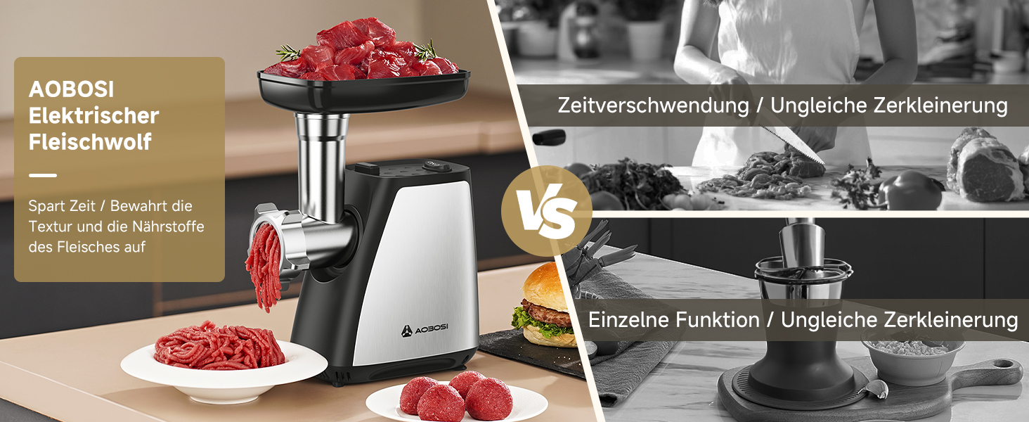М'ясорубка електрична AAOBOSI 3-в-1, 2800 Вт, нержавіюча сталь: з насадками для ковбас та кубебе, 2 ножі, 3 решітки для дому