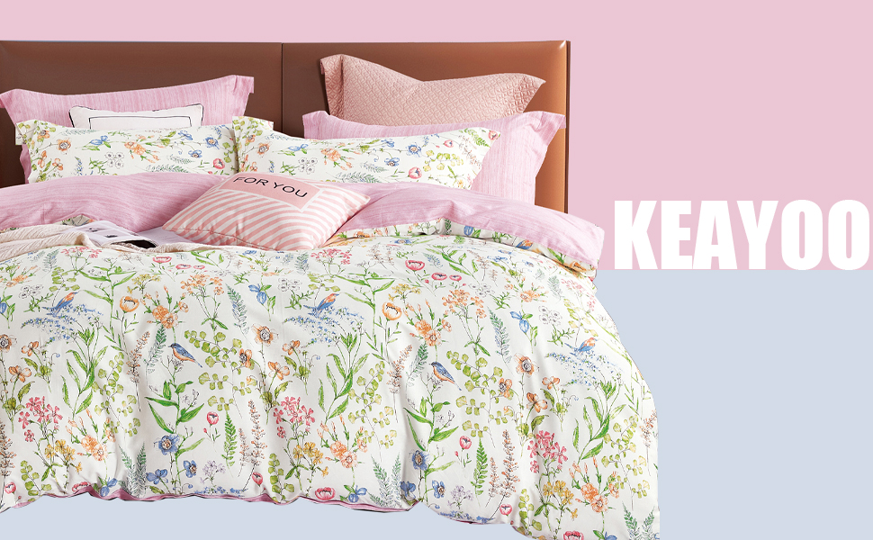 Постільна білизна KEAYOO Floral 155x220, блискавка, наволочка 80x80, зелена біла бавовна