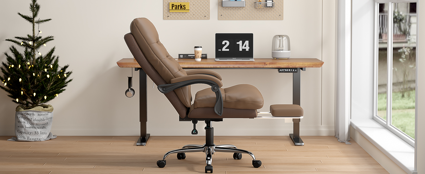 Ергономічне крісло для офісу Naspaluro з підніжкою, комп'ютерне крісло з подвійним шаром подушок, високою спинкою, функцією відкидання, регулюванням висоти, PU-шкіра, до 150 кг (колір: коричневий, штучна шкіра)