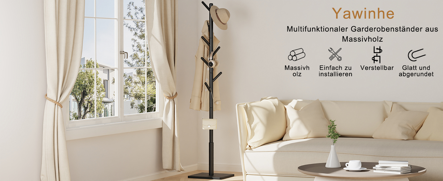 Дерев'яна вішалка для одягу Yawinhe, 180 см, 8 гачків, 3 рівня висоти, чорна
