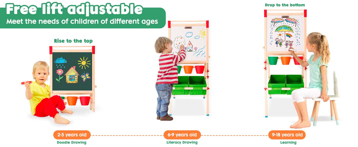 Дерев'яний мольберт Kinder для дітей з паперовою рулонкою, двостороннє Whiteboard та дошка. Регульована висота. З аксесуарами для малювання та навчання. Ідеальний подарунок для малюків.