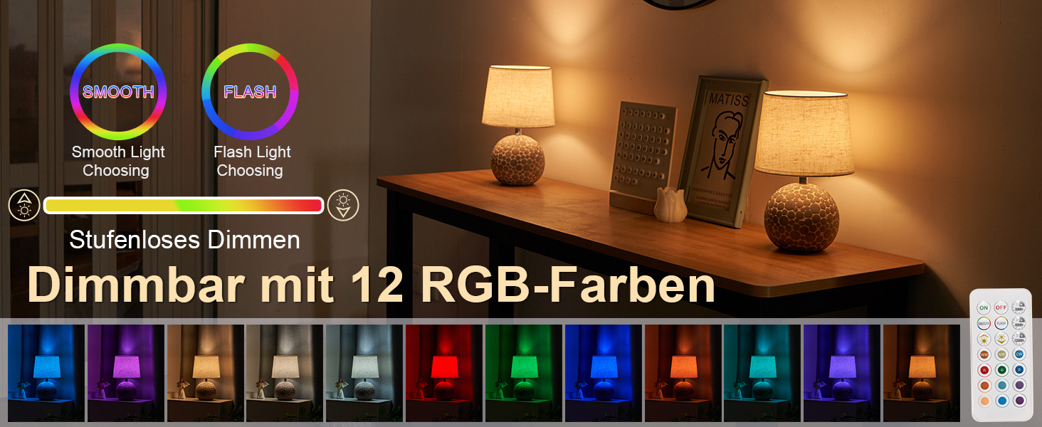 EGOBASIC LED-лампа настільна керамічна акумуляторна з пультом, бездротова, з таймером, регульована яскравість, 12 кольорів RGB, для вітальні, спальні, їдальні (вінтажний цоколь)