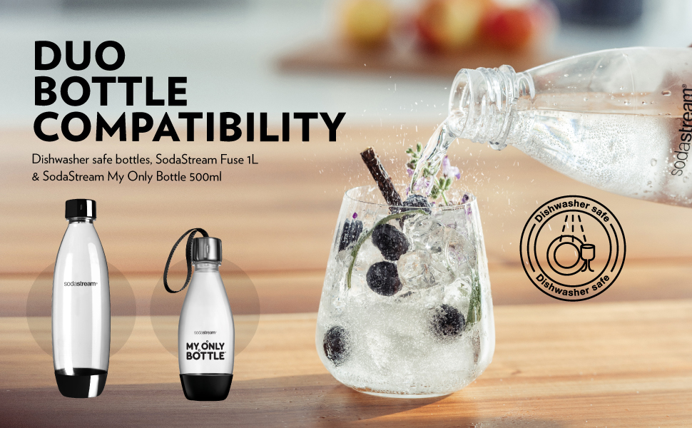 Сифон для газування води SodaStream Duo, з пластиковою пляшкою 1 л (BPA-free), скляним графином 1 л та циліндром CO2 на 60 л (швидке підключення), чорний