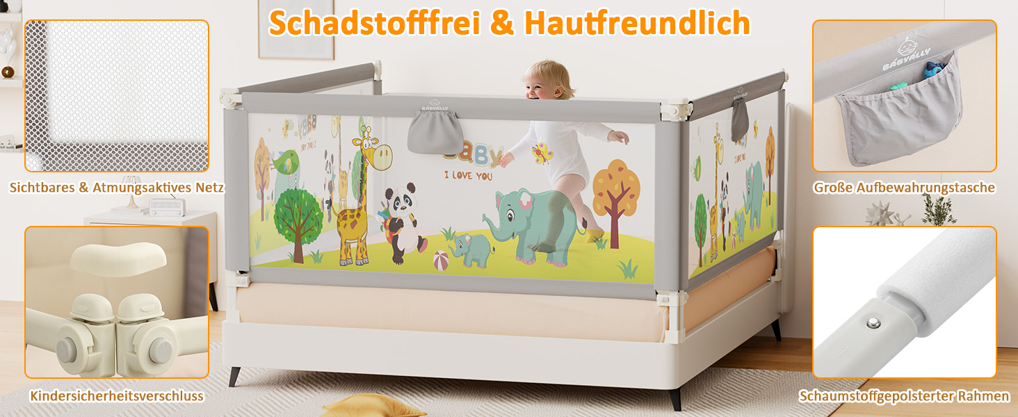 Бортики для ліжка дитячі 3 шт. (2x200 см + 1x180 см) складні, захист від випадання, малюнок 'Джунглі', для малюків та дітей