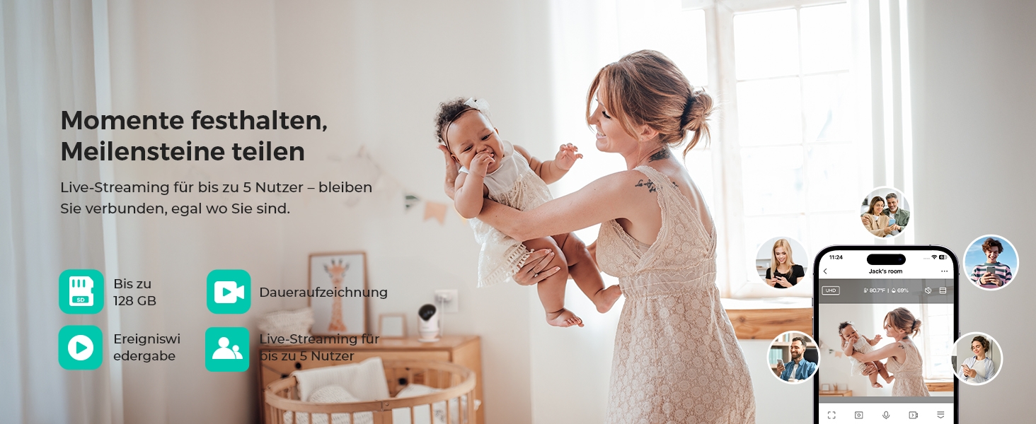 Відеоняня Dr.Care VistaView Lite WLAN з App-керуванням, Full HD 1080P камерою, розділеним екраном 720P, датчиком руху та ІЧ-нічним баченням (монітор 4