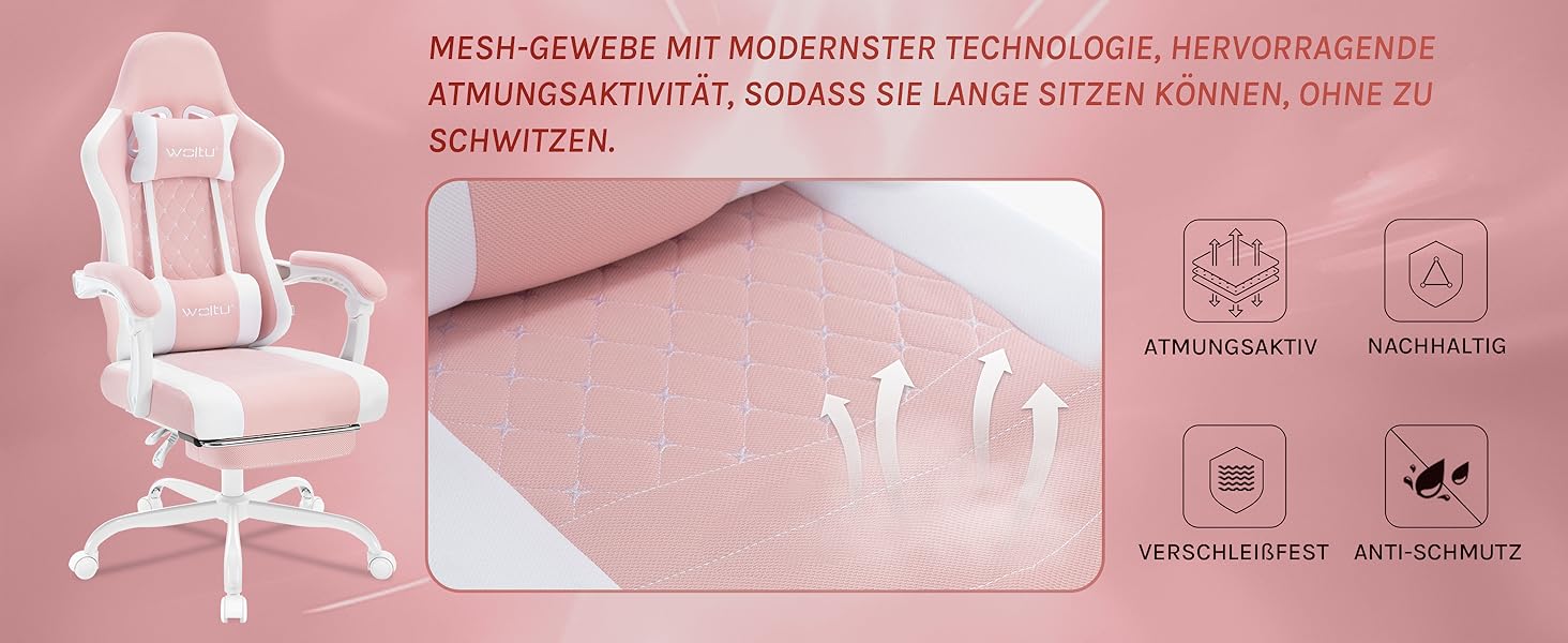 Ігровий крісло WOLTU з масажем, комп'ютерне ергономічне крісло, кишенькові пружинні подушки, масаж попереку, підголовник, підніжка, поворотне крісло, 150 кг, сітчаста тканина, Рожевий+Білий
