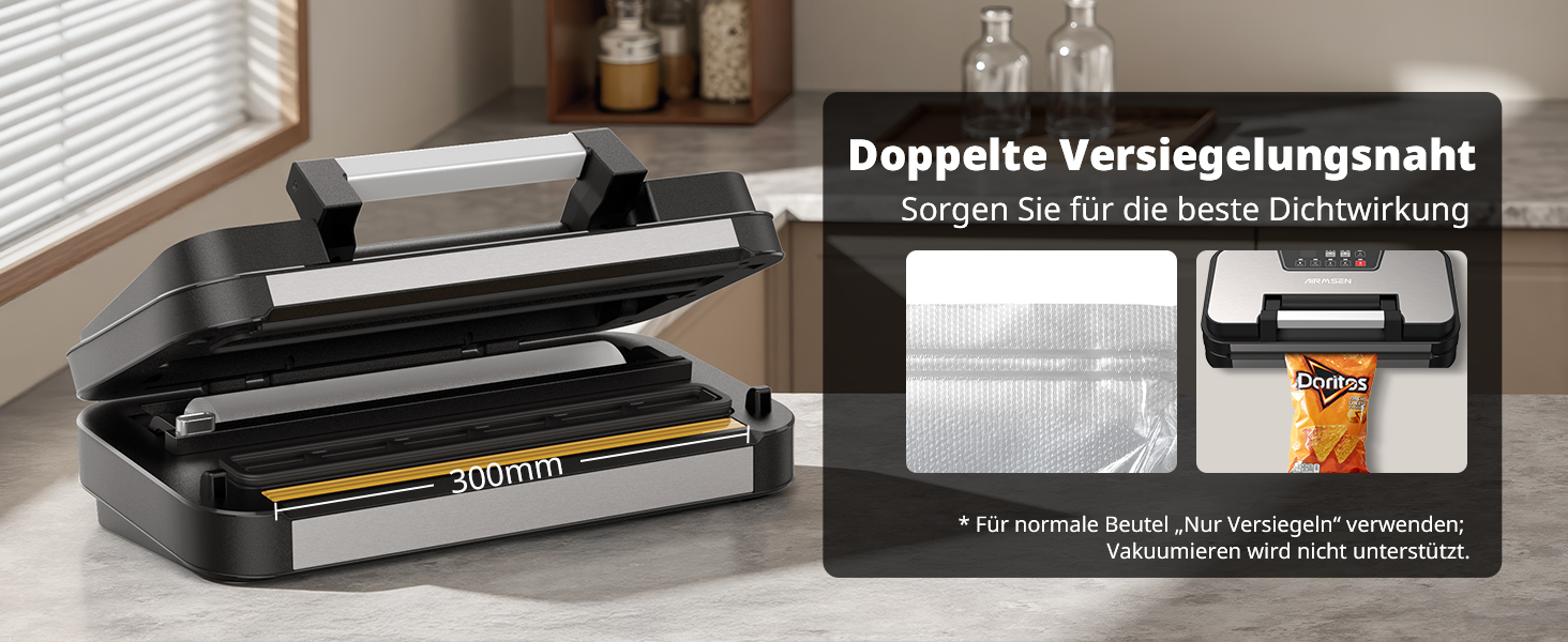 Вакууматор AIRMSEN 95 кПа з функцією підкачки, професійний вакуумулятор для сухих та вологих продуктів, 120 Вт, з відсіком для рулонів, різаком та шлангом, подвійний шва 2x3 мм