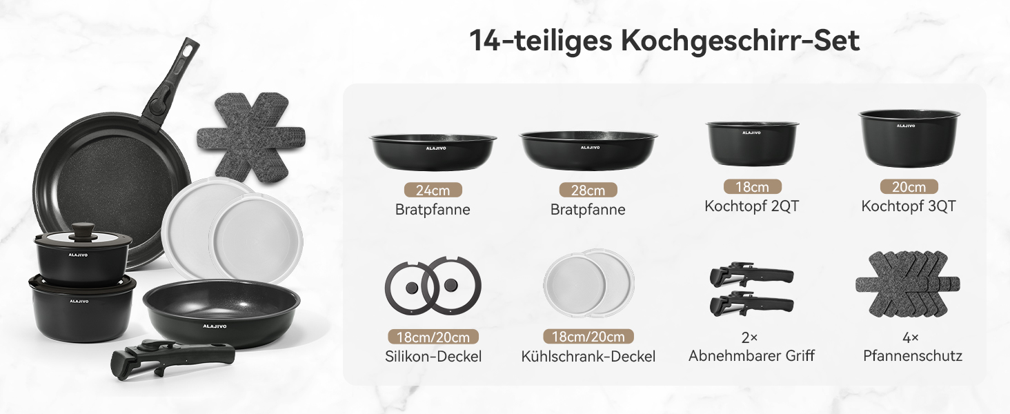 Набір каструль з керамічним покриттям 14 предметів, антипригарне покриття, індукційне дно, 24/28 см сковороди, для всіх типів плит, сумісний з духовкою