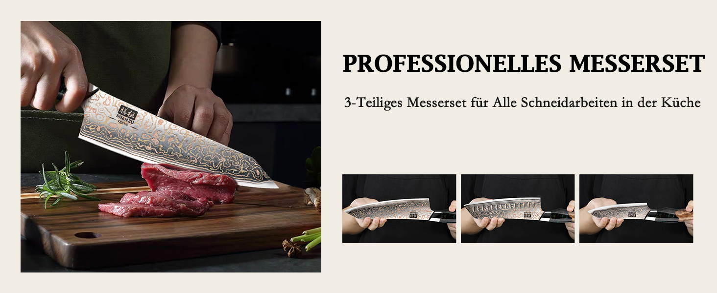 Набір кухонних ножів SHAN ZU Venus: 3 шт., 20 см, дамаск, ручка з міді, сталь 33 шари, ручна робота, японський кухонний ніж для професіоналів