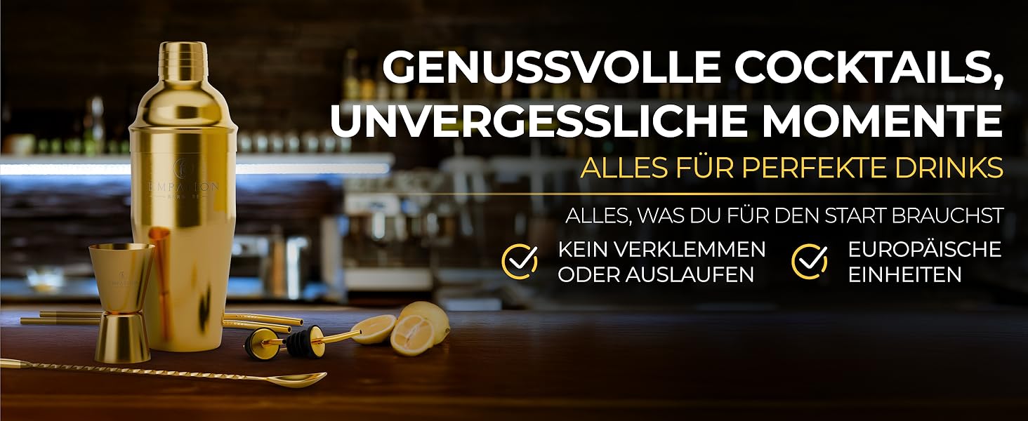 Набір для коктейлів Cobbler 700 мл з нержавіючої сталі, без розливання, професійний шейкер для коктейлів з підставкою та рецептами, набір для барменів (стартовий, золотий)